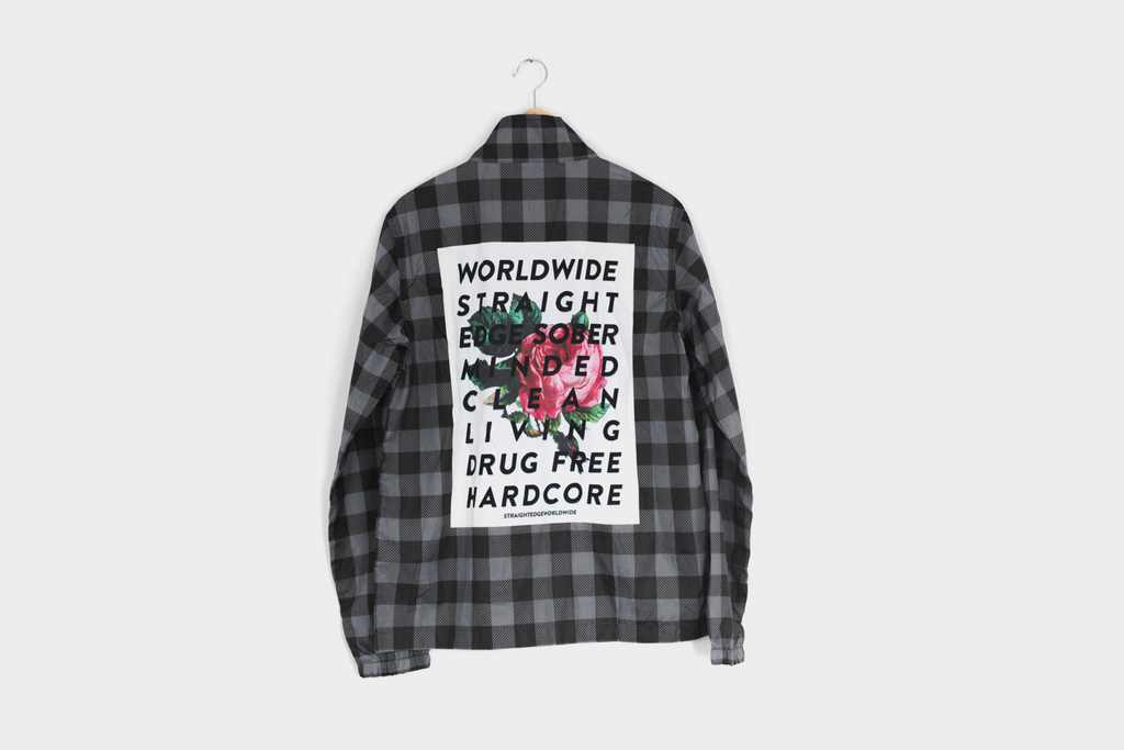 Backpatch Flannel Straight Edge coaches jacket in gray by STRAIGHTEDGEWORLDWIDE
