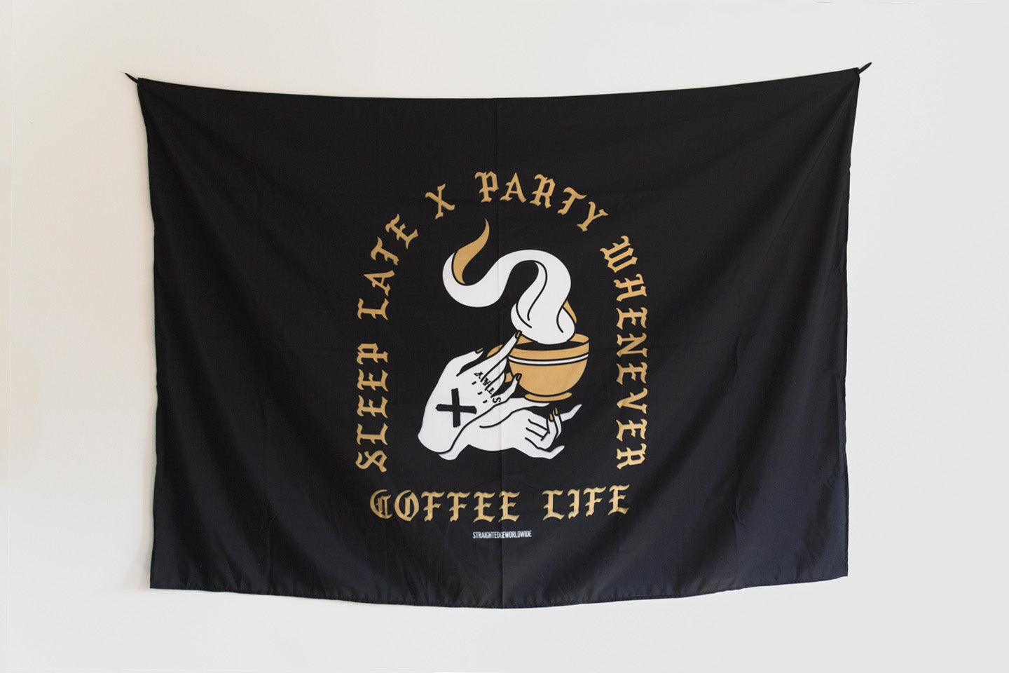 Coffee x Life black and gold print Straight Edge wall banner flag by STRAIGHTEDGEWORLDWIDE