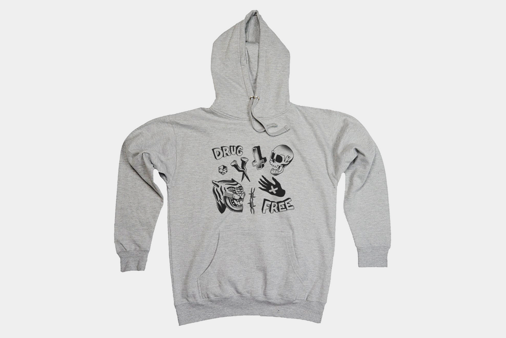 Drug Free sketch straight edge hoodie in gray by STRAIGHTEDGEWORLDWIDE