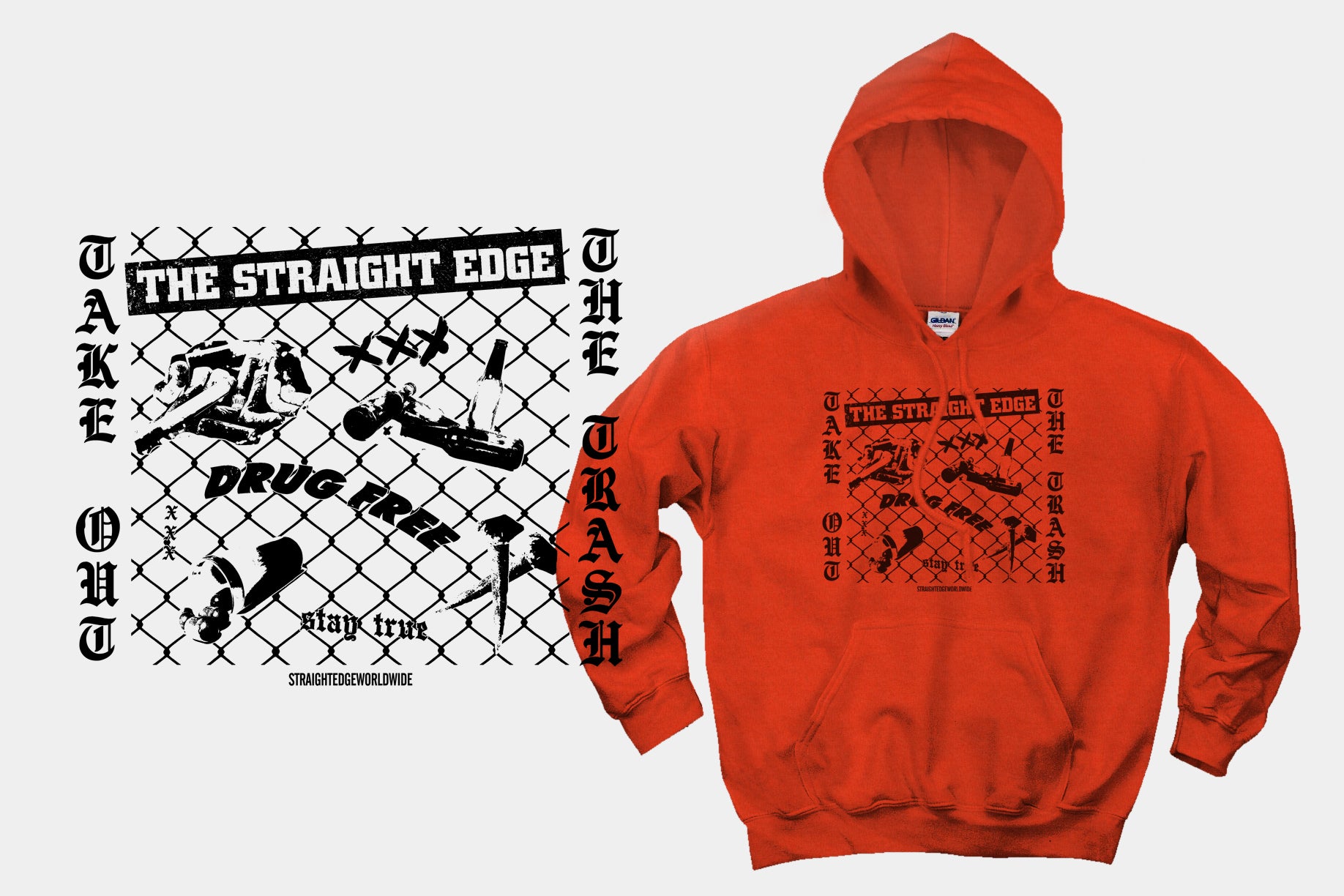 Take Out The Trash Drug Free Straight Edge Hoodie Sweatshirt in orange by STRAIGHTEDGEWORLDWIDE