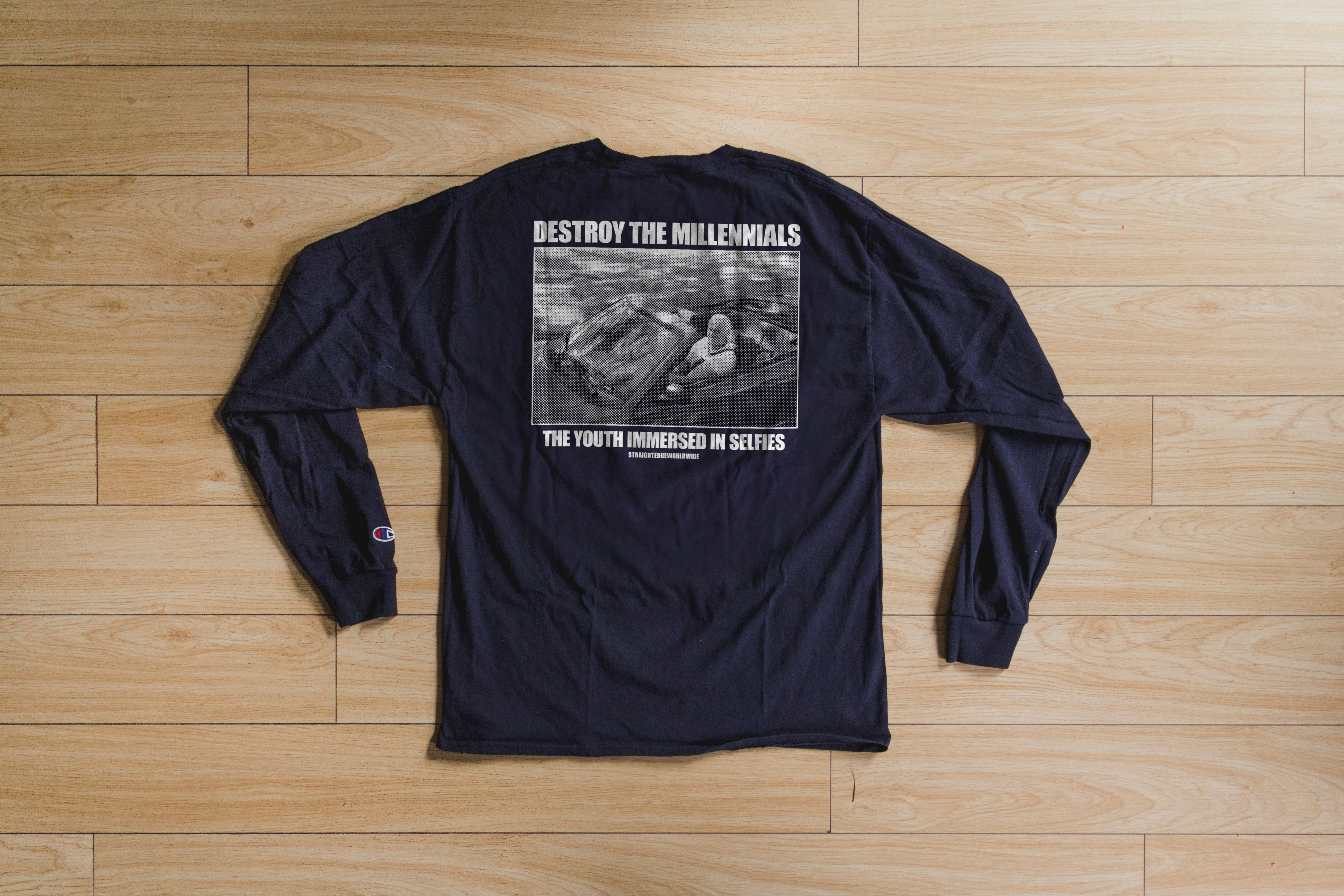 Destroy the Millennials Midlife Crisis navy blue long sleeve tshirt tee printed on Champion by STRAIGHTEDGEWORLDWIDE