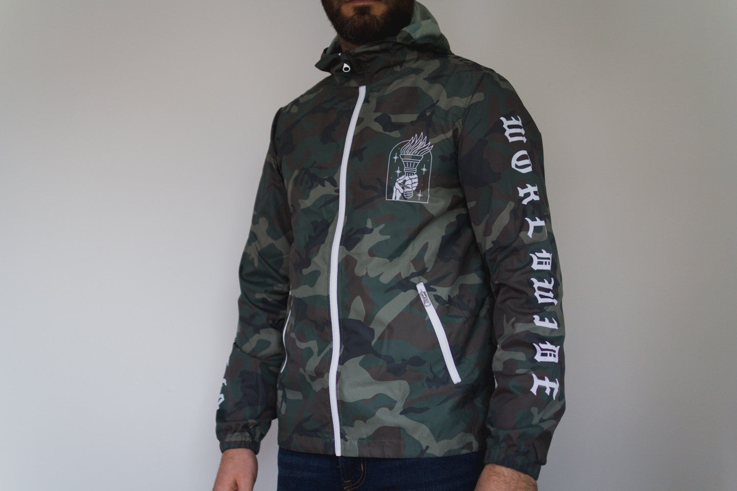 I'll Carry This Torch straight edge windbreaker in camo